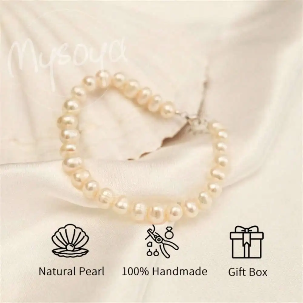 

MYSOYA White Freshwater Pearl Bracelet 5-6mm Pearls Gift Box Gift for Her Wedding Jewelry Christmas New Year Anniversary Gift