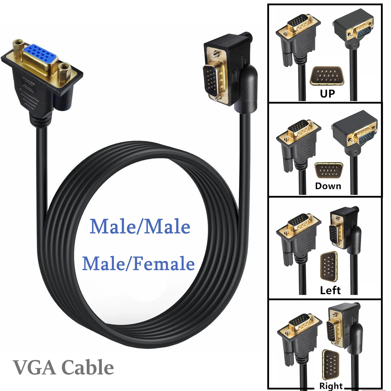 HD 15Pin VGA D-Sub Video Cable 90 Degree Up Down Left Right Angled Male to Male Female extended Cord For Projector TV Monitor