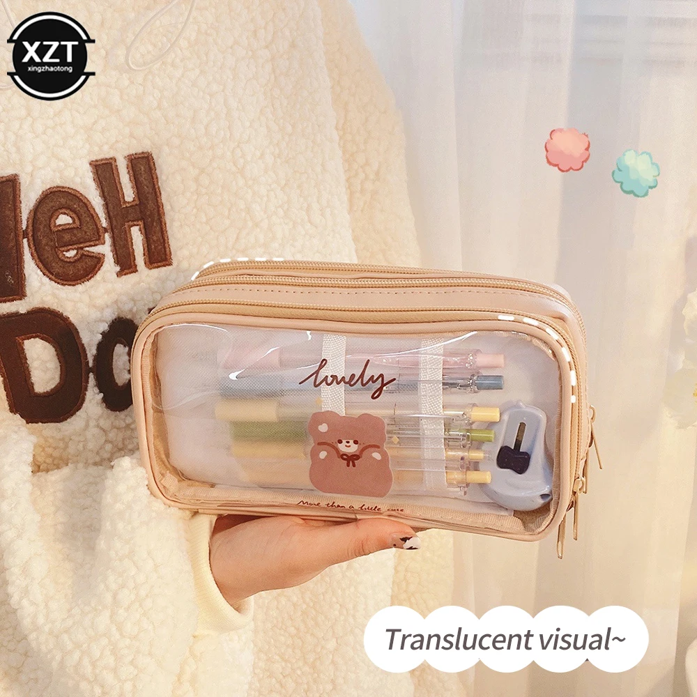 Three Layers Cute Pencil Bag Transparent PVC Student Cartoon Pencil Case Large Capacity Kawaii Bag Korean style Stationery