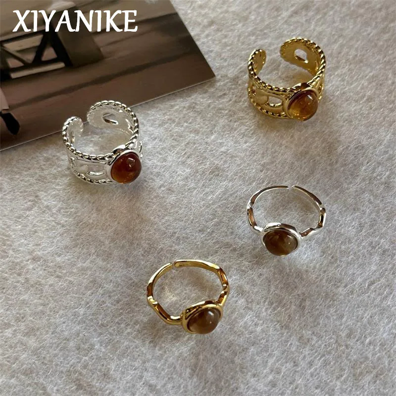 

XIYANIKE Retro Amber Color Oval Stone Adjustable Open Finger Rings For Women Lady Fashion New Jewelry Gift Party кольца