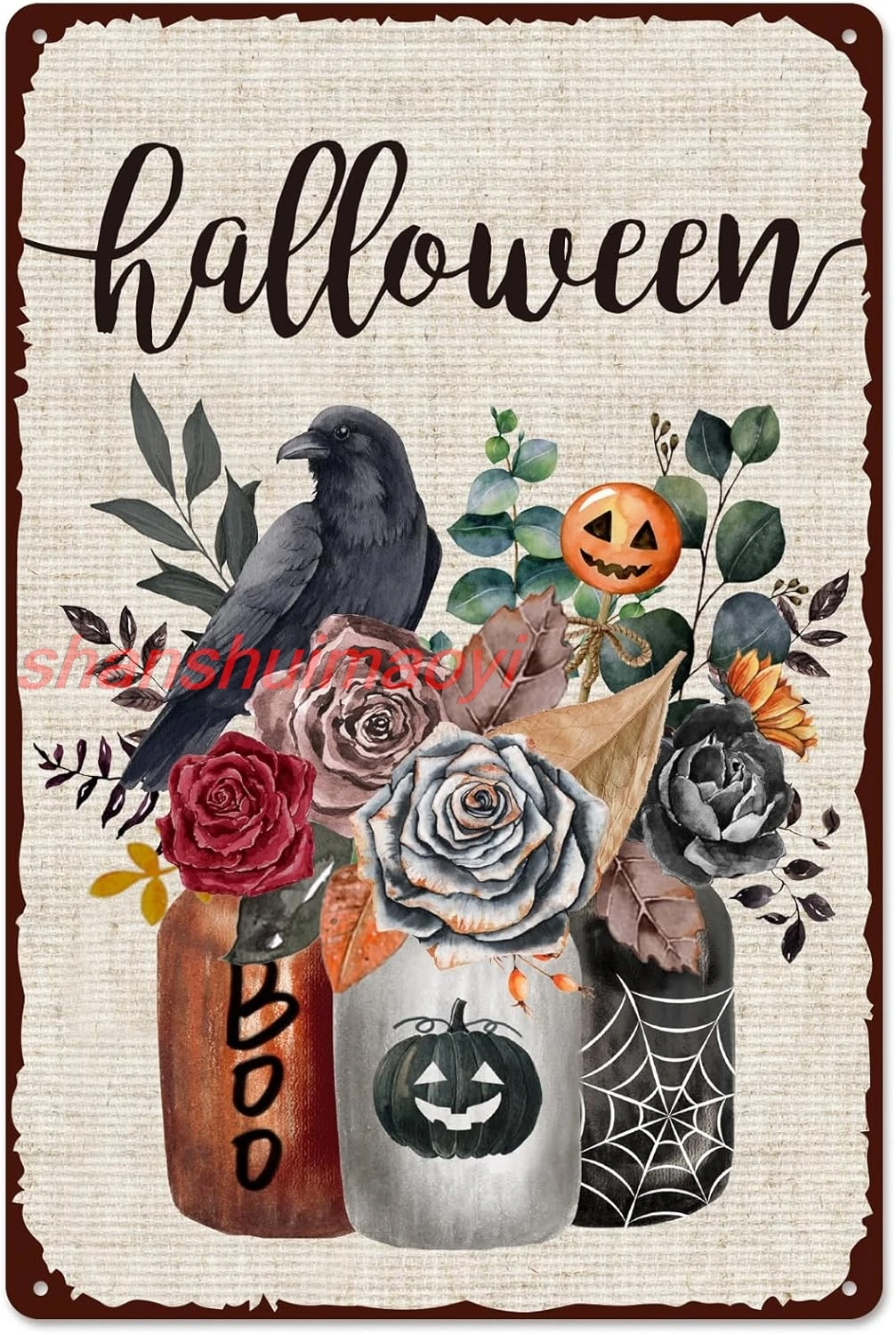 Whaline Retro Tin Sign Halloween Flower Crow Pumpkin Mason Jar Metal Sign Welcome Halloween Wall Decor Sign Halloween Wall  sign