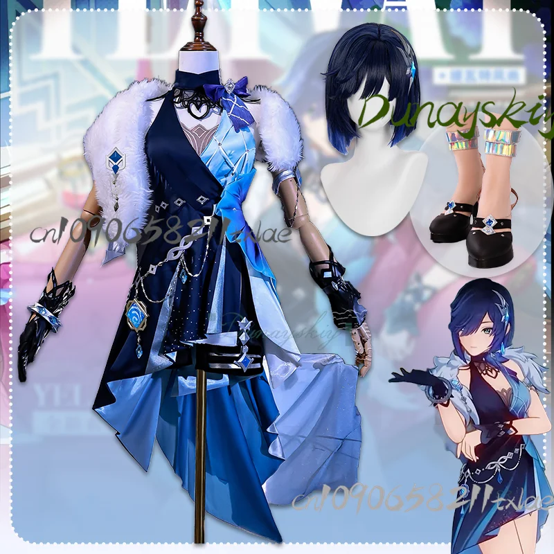 

Игра Genshin Impact Yelan, новая кожа, вечернее платье, парик, обувь, полный комплект, сексуальная юбка для женщин и девочек, карнавальный костюм на Хэллоуин