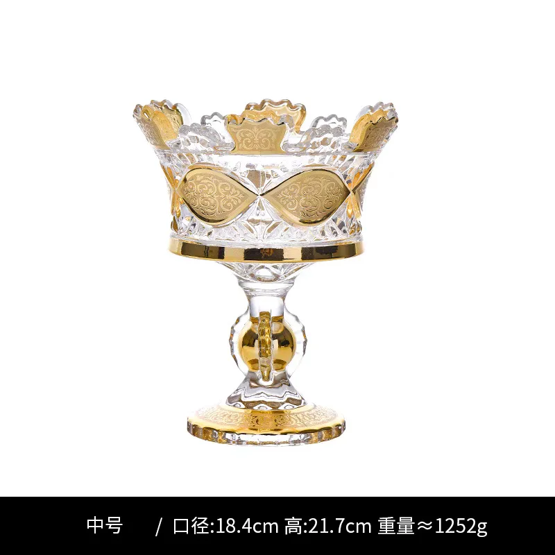 Exquisite Golden Crown Fruit Bowl High-Footed European Palace-Style Glass Ornament for Living Room Decoration