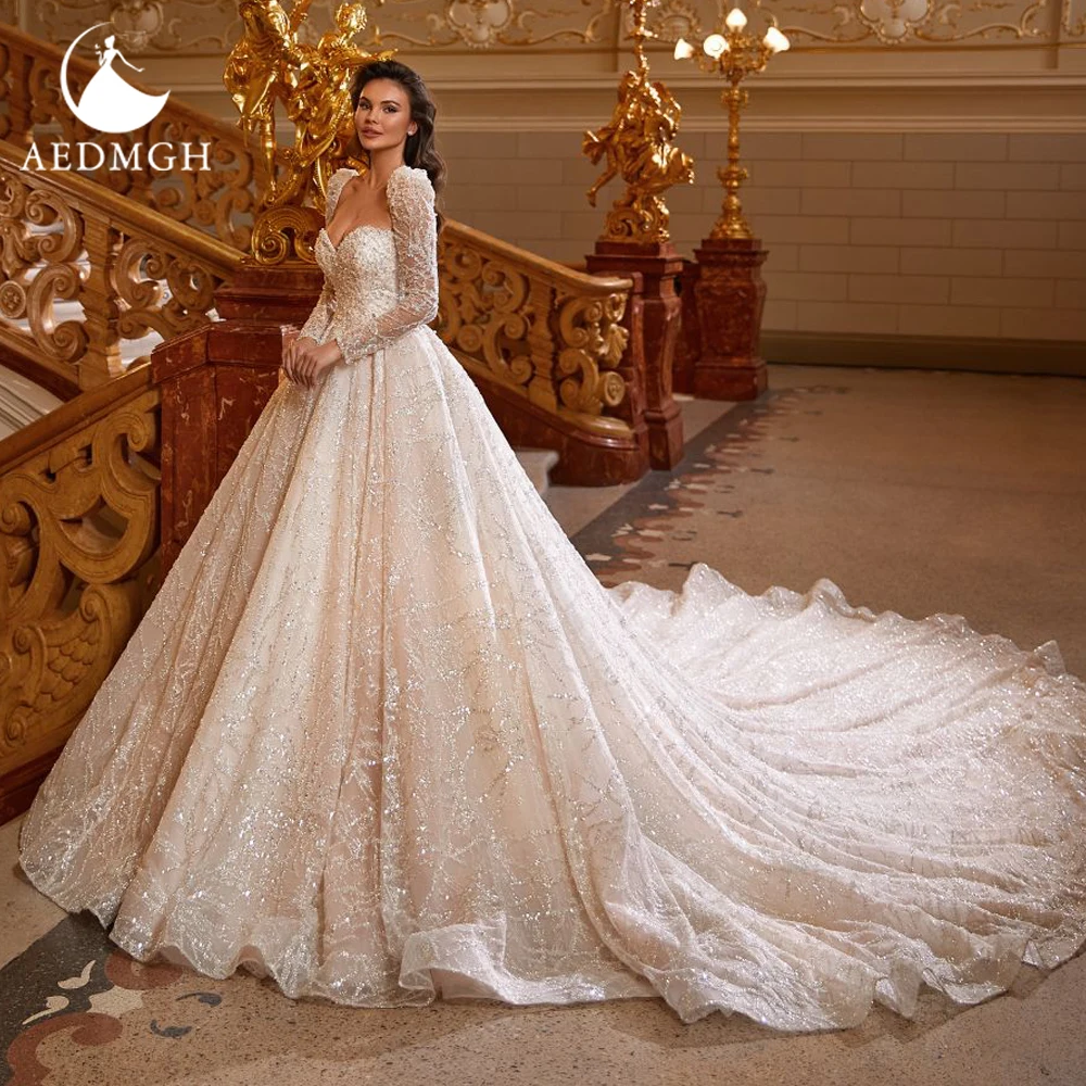 Aedmgh Ball Gown Luxury Wedding Dresses Scalloped Long Sleeve Vestido De Novia Lace Beaded Sequined Custom Made Bridal Gown