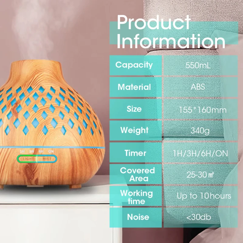 500ML น้ํามันหอมระเหยน้ํามันหอมระเหย Diffuser ไม้ GRAIN รีโมทคอนโทรล Ultrasonic Air Humidifier Cool พร้อมไฟ 7 สี