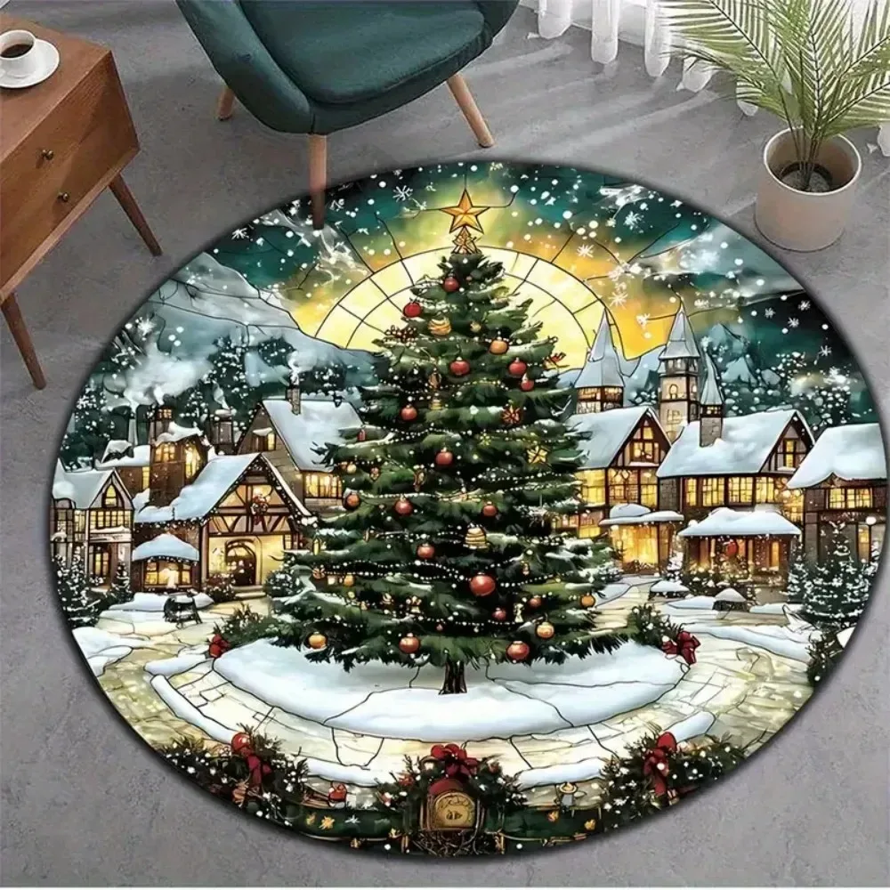 Christmas Tree Winter Village Round Area Rug Soft Carpet Snow Town Xmas Holiday Print Mat for Living Room Bedroom Home Decor