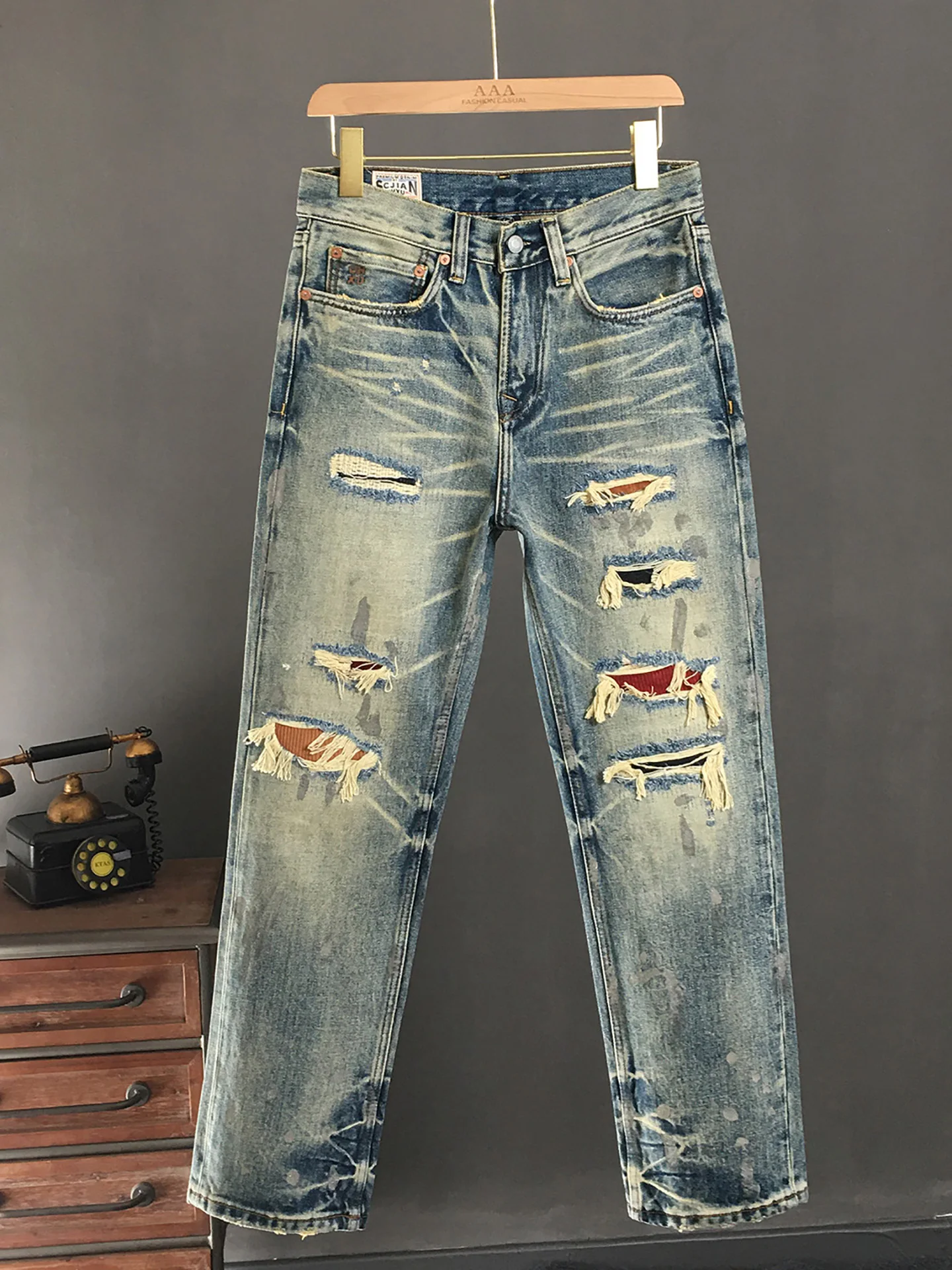 Heavyweight Ripped Jeans for Men Autumn/Winter Loose Straight-Leg 100% Cotton Patch Detail Trendy Brand Rebellious Vintage Pants