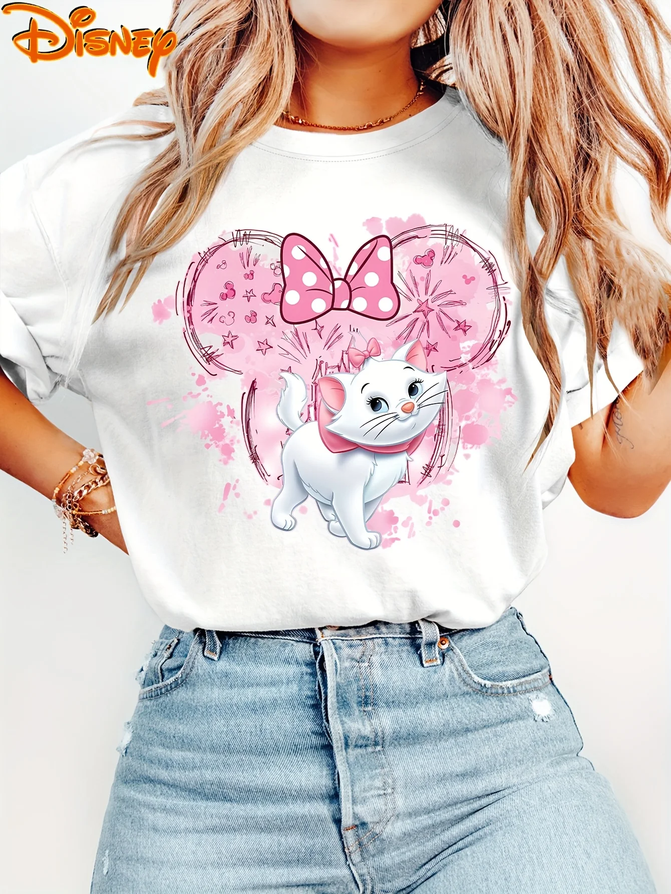 

2025 Disney Pattern Printed Women's Casual Comfortable Unique Smiling Face Black Round Neck Short Sleeve T-shirt