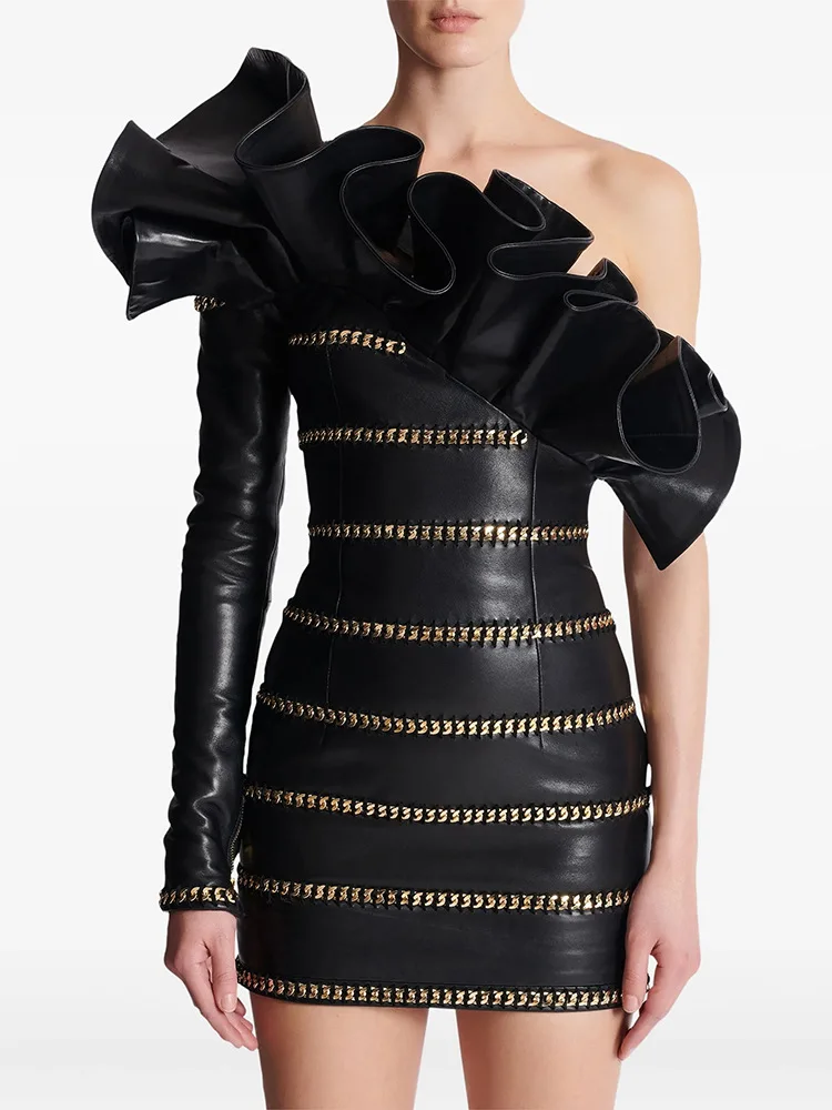 HIGH STREET Nieuwste 2025, Designer Fashion damesketting, driedimensionale lotusblad, leren jurk met enkele mouw