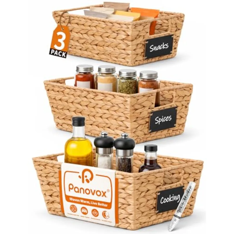 

Pantry Organizers and Storage, Water Hyacinth Storage Baskets for Shelves, Baskets for Organizing, Pantry Baskets with Chalkboa