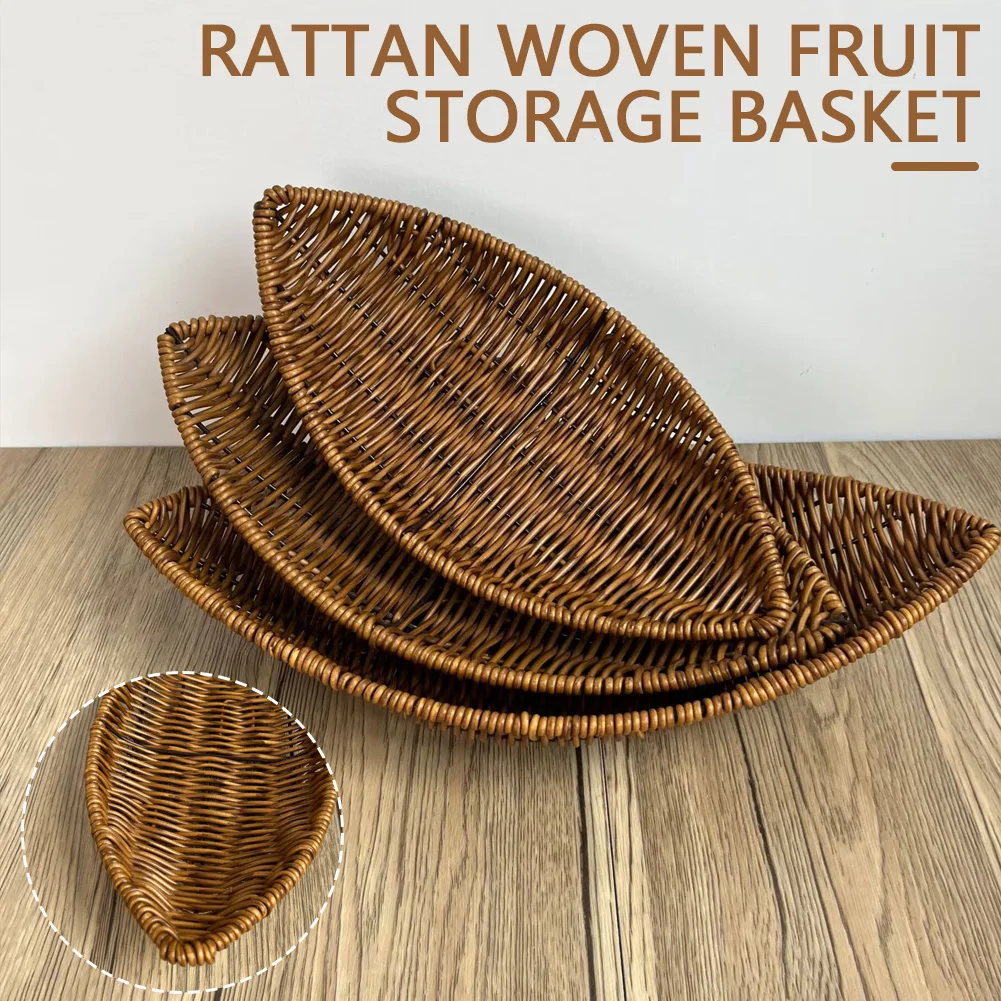 Leaf-shaped Imitation Rattan Woven Basket Reusable Fruit Cookie Bread Food Storage Baskets For Kitchen Bedroom Home Organizer