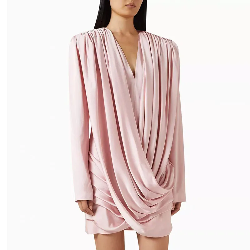 2025 Fashion Temperament Pink Short Dresses Satin Cross V Neck Women's Dress Autumn Sweet Elegant Long Sleeved Party Mini Dress