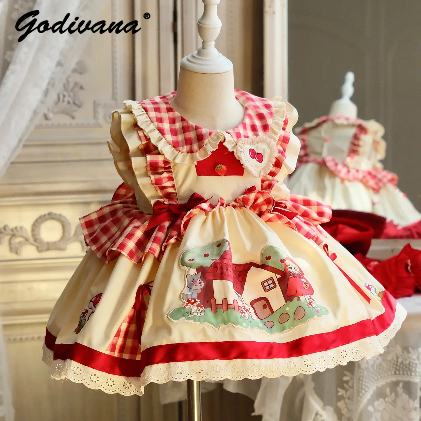 Original Baby Girls Little Red Riding Hood Cosplay Lolita Dress Set Kids Pastoral Cute Cartoon Print Lace Trim Sleeveless Gown