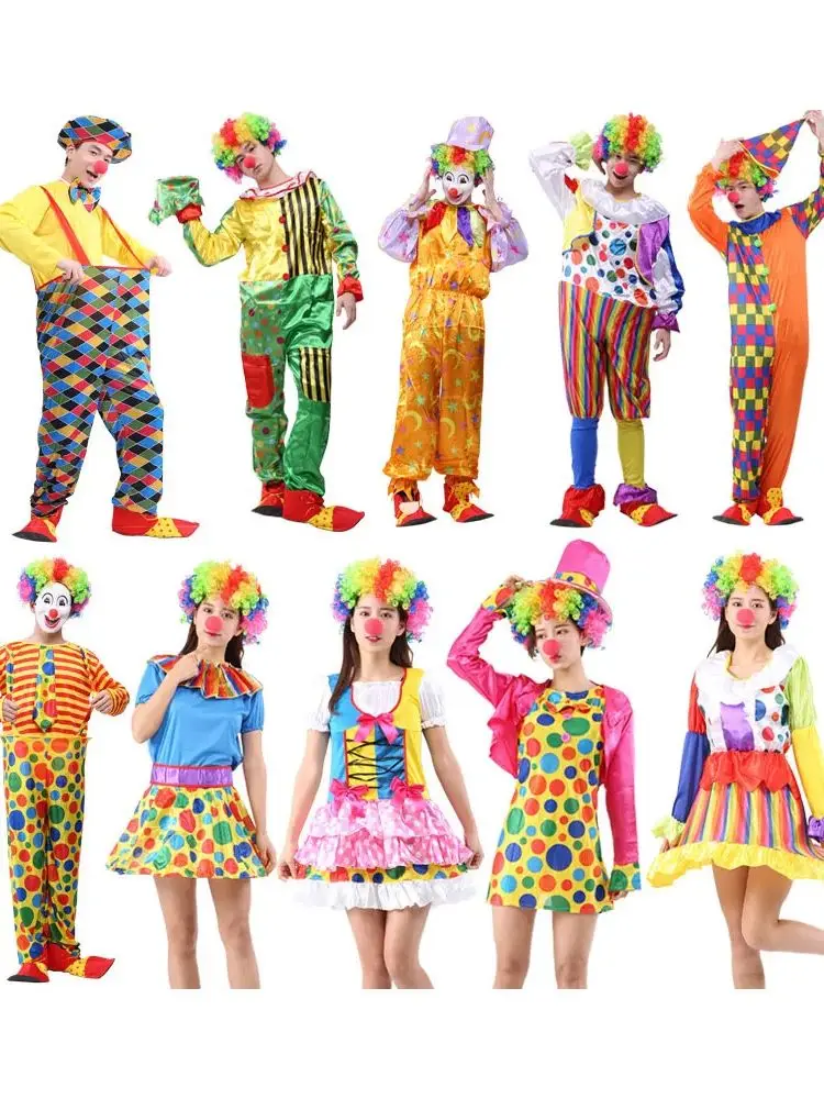 

Костюмы клоунов на Хэллоуин, взрослые мужчины и женщины, косплей, фестивальные шоу, одежда клоуна, комплекты для вечеринок, забавные шоу-комбинезоны