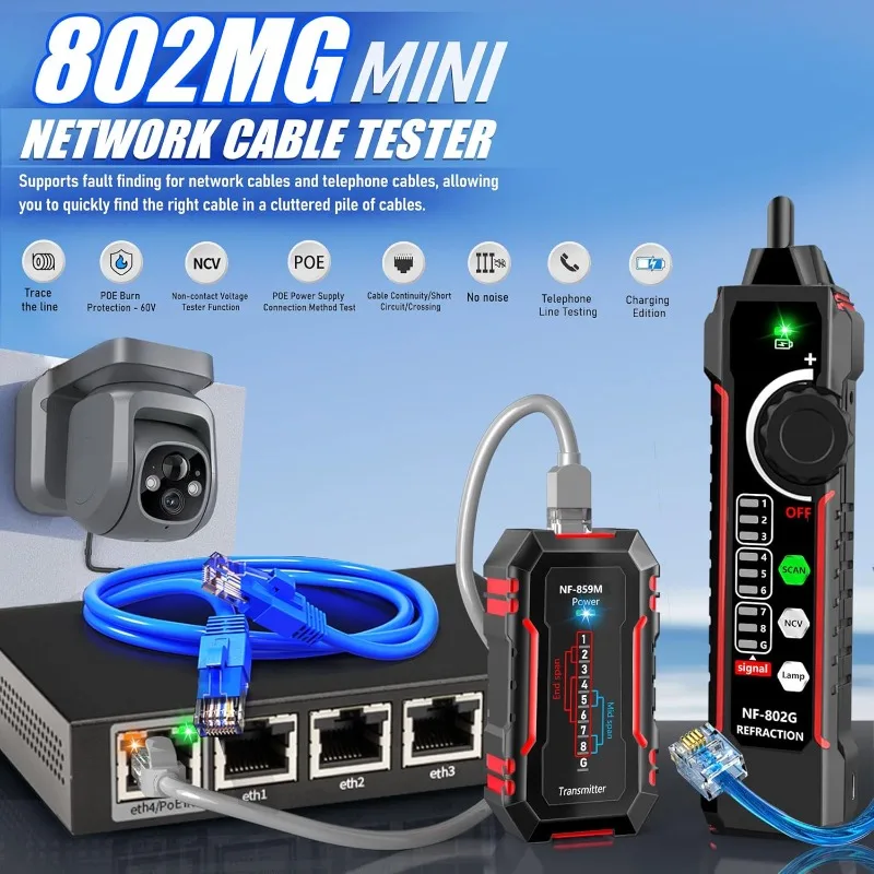 

NOYAFA NF-802MG POE/Cat5/Cat5e/Cat6/Cat6 CAT3 Phone Line RJ11 RJ45 Ethernet LAN Telephone Cable Fault Finder with Toner Function