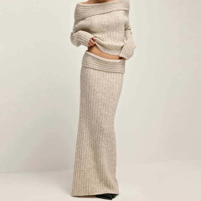 Autumn Winter Thick Knitted 2 Piece Set Simple Solid Long Sleeved Slim Outfit Ladies Sexy Slash Neck Sweater and Half Skirt Suit