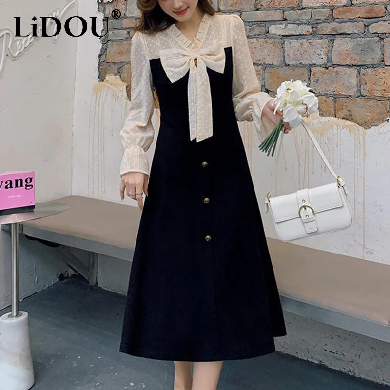 Spring Autumn Korean Style Lace Patchwork Bow Sweet Dress Female Long Sleeve Buttons Vestidos Women Elegant Fashion Robe Dresses