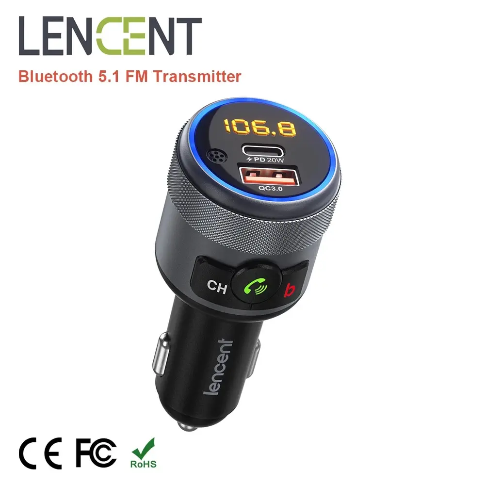 LENCENT-Transmetteur FM pour Voiture, Modulateur Bluetooth 5.1 avec Type C PD 20W et QC3.0 18W, Chargeur Rapide, Lecteur MP3, Kit Radio