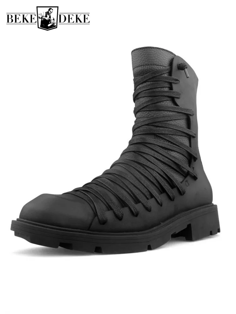 Gothic Mens Genuine Leather Shoes Punk Style Zip Men Genuine Leather High Top Sneakers Autumn Square Toe Motorcycle Boots Male