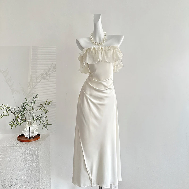 Elegante sem alças babados sereia vestido feminino verão estilo francês fino ajuste fora do ombro volta rendas festa vestido longo