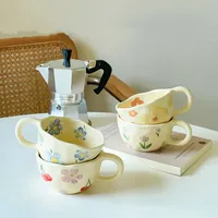 Hand Pinched Irregular Ceramic Mugs Flower Pattern Breakfast Oat Milkshake Water Cup Creamy Milk Tea Mug Home Kitchen Drinkware