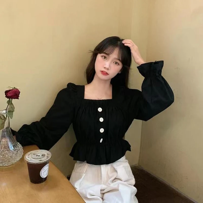 Y2K Women Solid Shirt Korean Sweet Folds Flare Long Sleeve Female Blouse Summer Fashion Square Collar All Match Ladies Crop Top