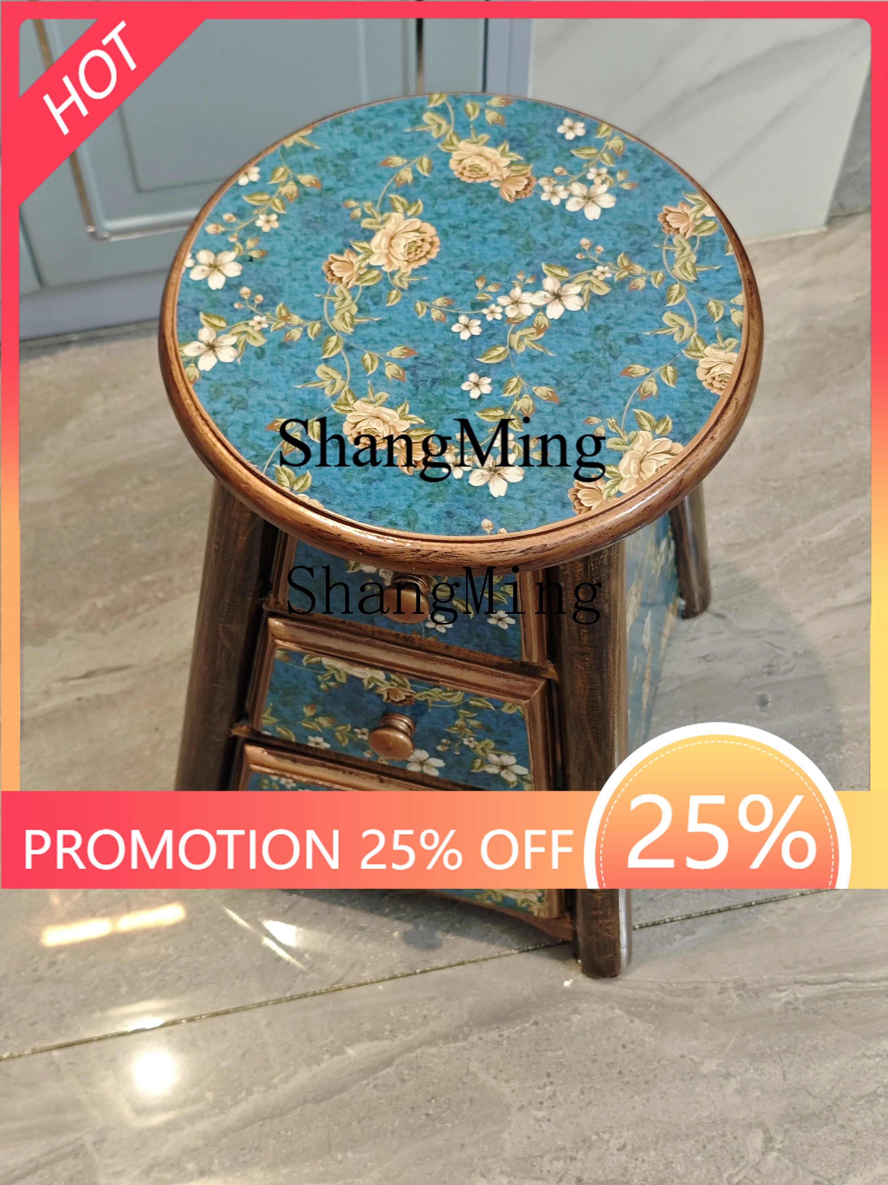 

FGgood-looking solid wood dressing pastoral stool, round stool with drawers, household makeup stool