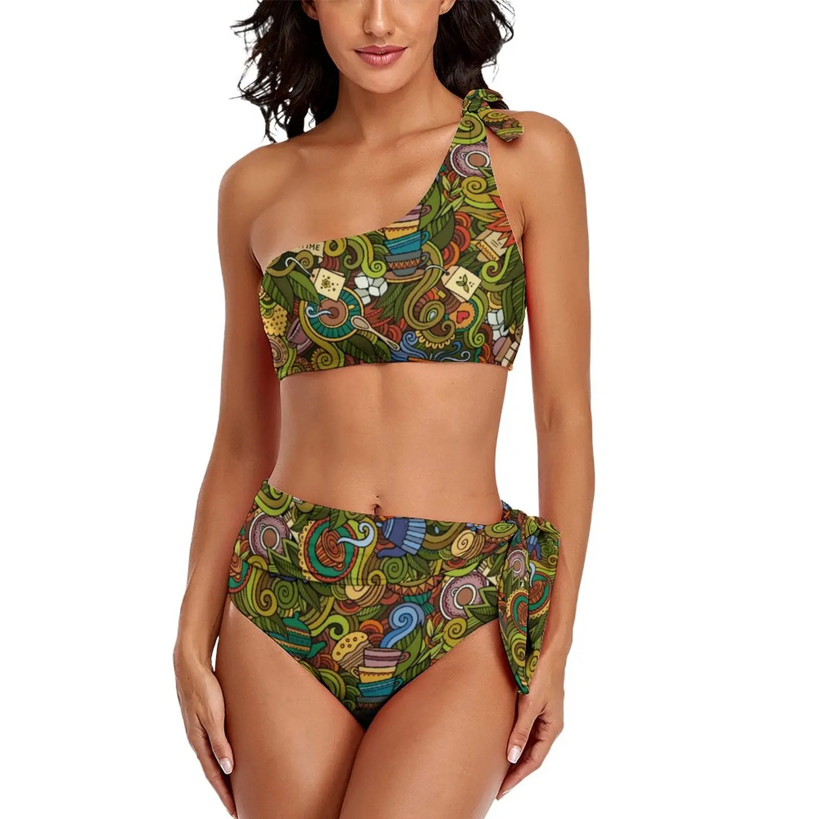 Sexy Tea Time Pop Art Bikinis Set Retro Floral Print Vintage Bikini Swimsuit Stroje kąpielowe Surf Stroje kąpielowe Duży rozmiar Stroje plażowe