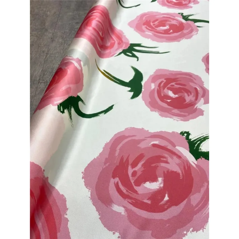 Brand Pink Flower Print Elastic Twill Silk Fabric Mulberry Silk Spring Summer Clothing Fabric For Sewing DIY Designer Fabrics