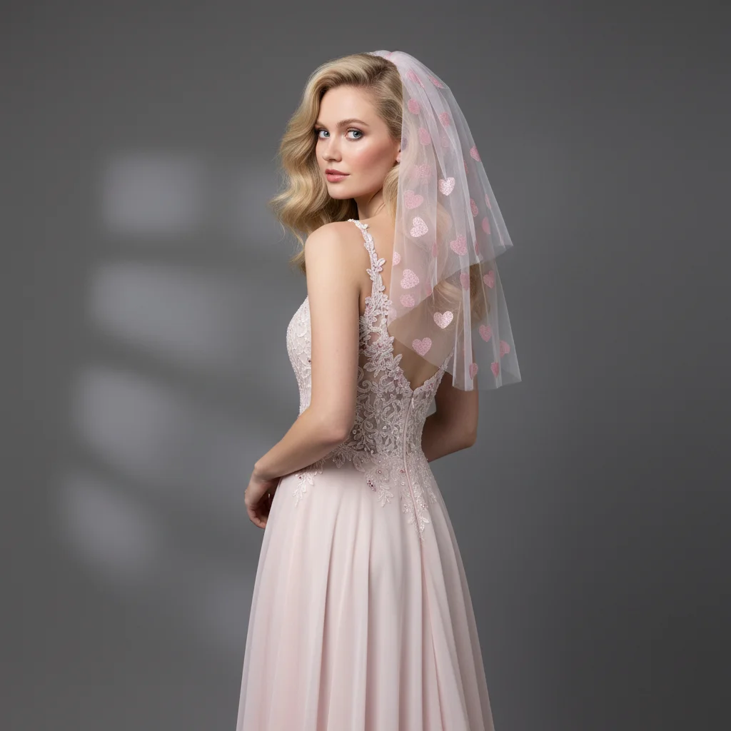 

Cute Pink Heart Printed Bridal Veil 2Layer Tulle Veil for Brides Sweetheart Short Wedding Veil for Ceremony Photo Shoot G123A