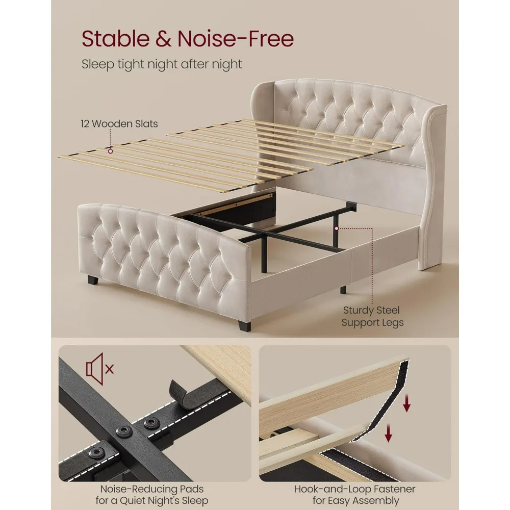 إطار سرير منجد بمنصة كوين مع لوح رأسي معنقدة طويل القامة ولوح للقدمين