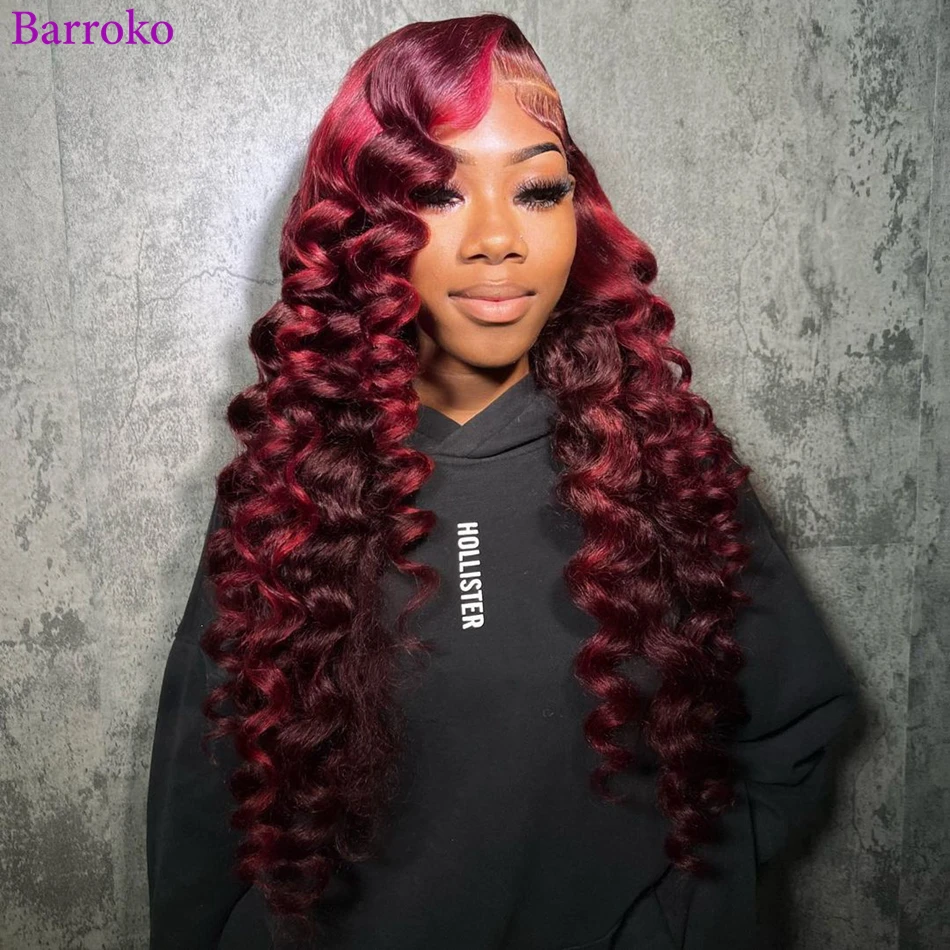 Barroko Hot Red Colored Loose Deep Lace Frontal Human Hair Wigs 34 Inch Pre Plucke 13x6 Transparent Lace Front Wigs Human Hair