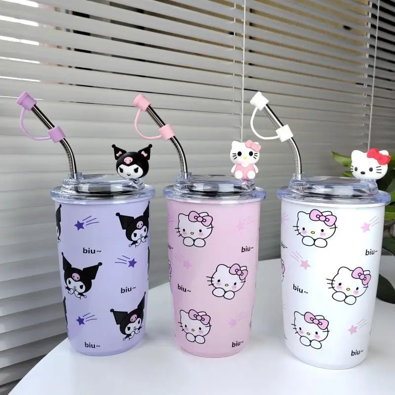 

Kawaii Hellokitty Kuromi My Melody Sippy Cup Anime Cartoon Insulation Cooler Car Cup 450Ml Straight Drink Coffee Cup with Straw