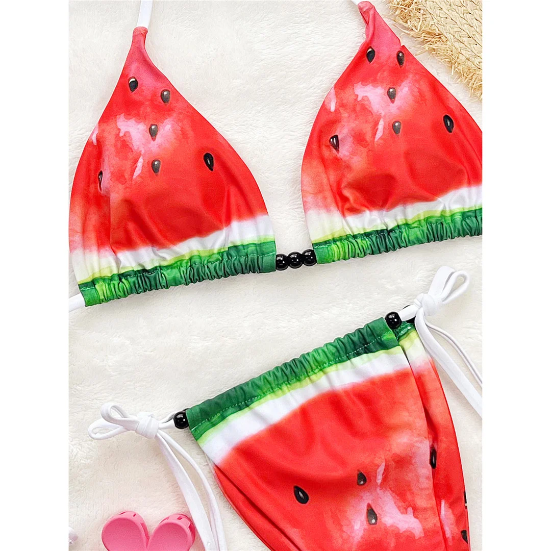 Nouveau pastèque imprimé licou Bikini femmes maillots de bain femme maillot de bain deux pièces Bikini ensemble à bretelles baigneur maillot de bain bain