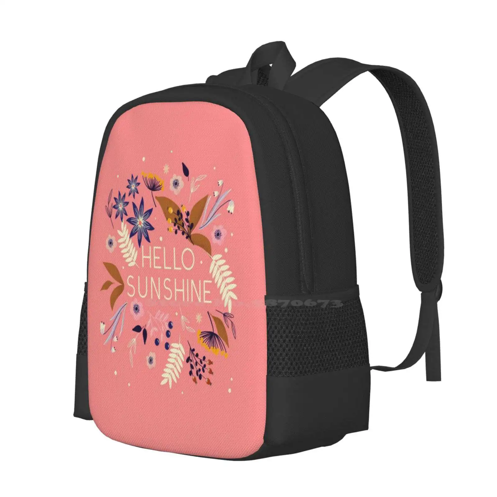 Mochila con diseño de impresión 3D Hello Sunshine para estudiantes, bolsa de flores, tipo de tipografía, Hello Sunshine Florals, naturaleza, jardín, Girly