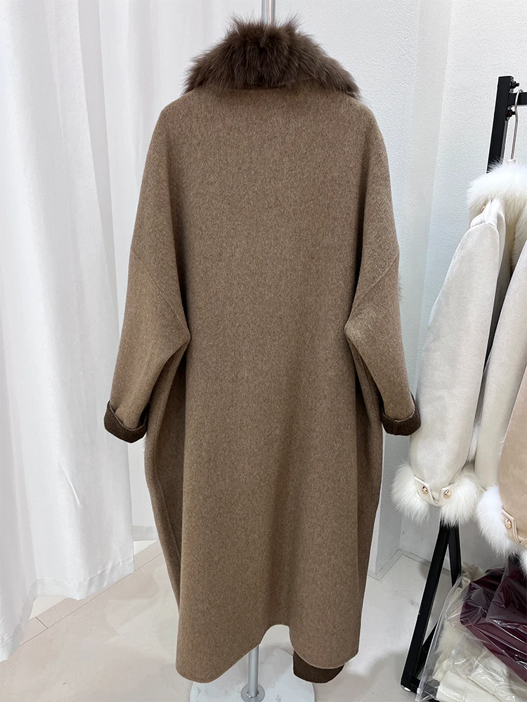 Winter Natural Real Fox Fur Collar Long Coat Cashmere Wool Woolen Fur Strip Sewed Toghter Jacket Outwear Ladies Female Fur Coat