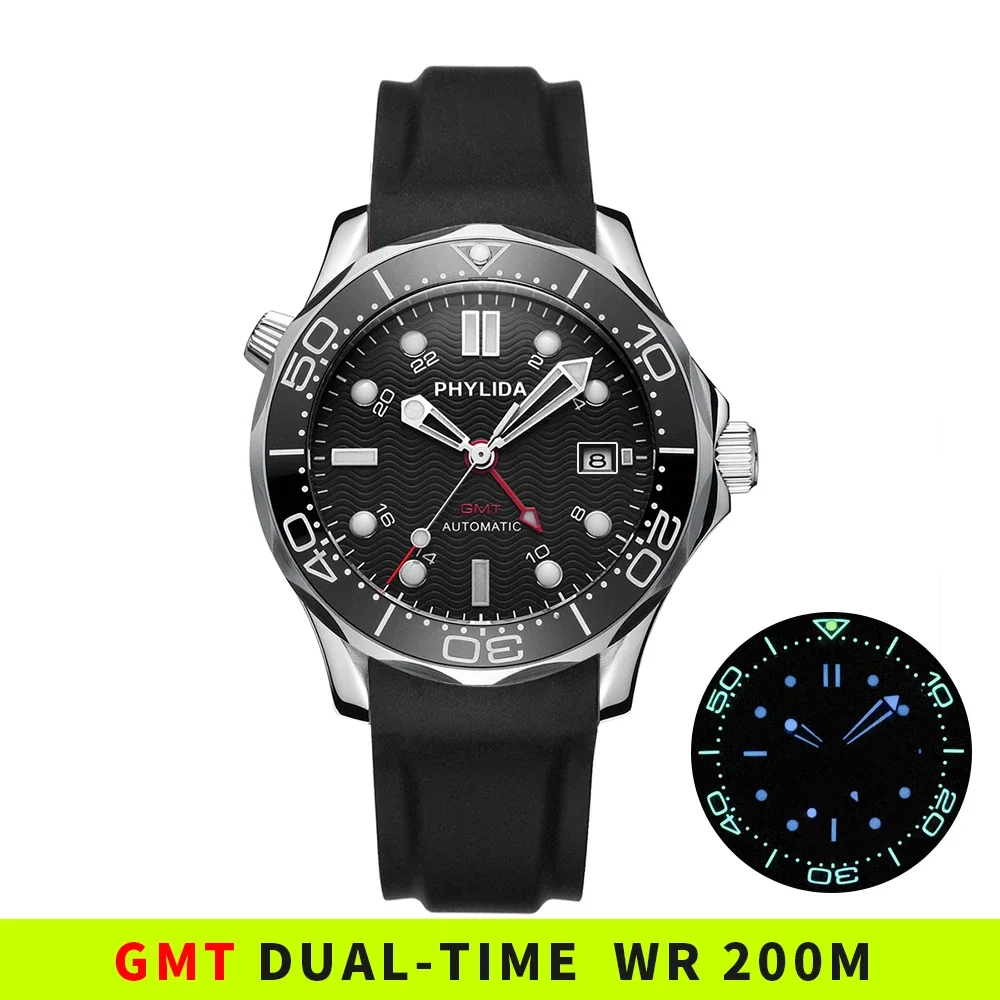 NEW High Quality 20ATM Water Resistant GMT Black Wave Dial Automatic Men's Watch Sapphire Crystal Master DIVER 300M Lume Bezel