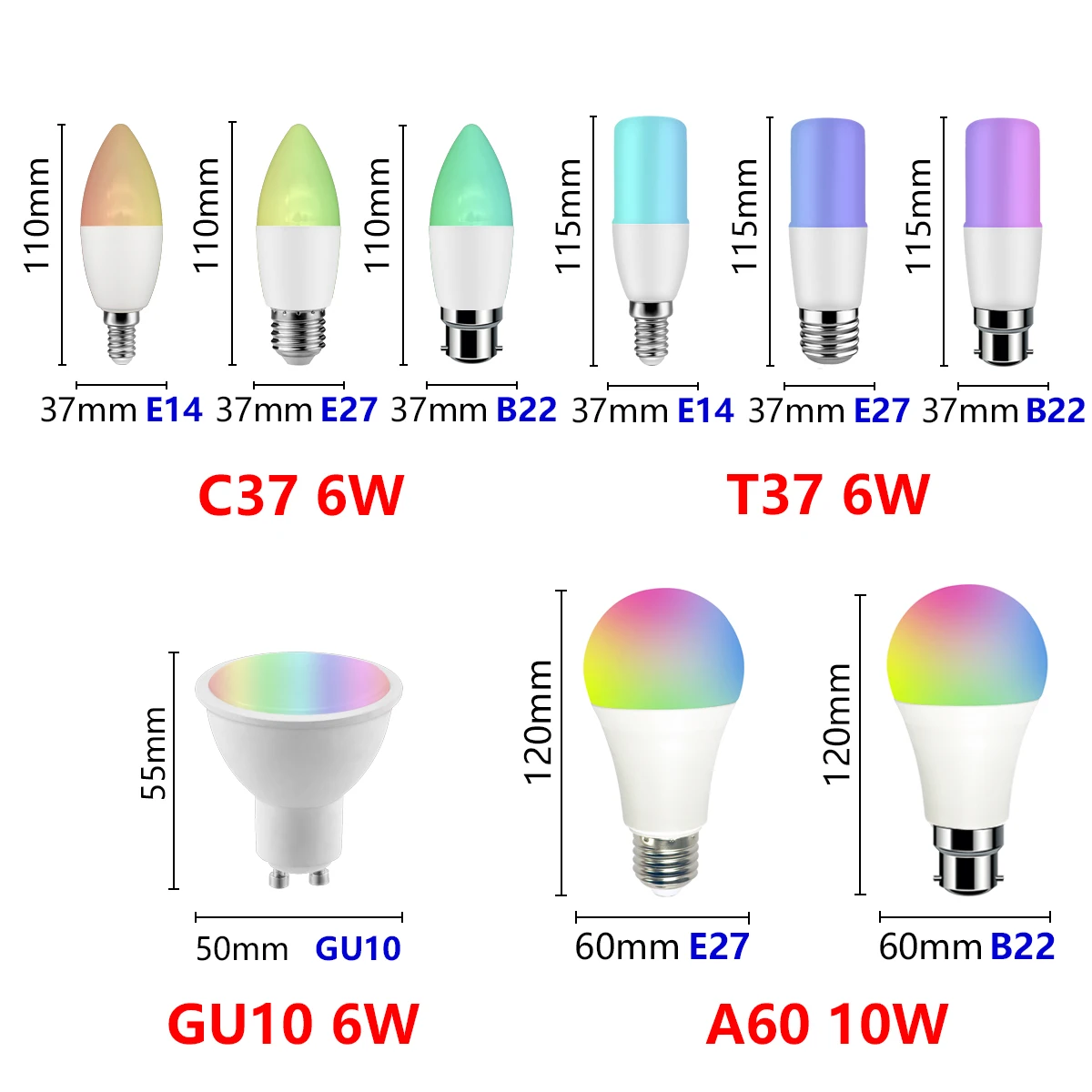 Tuya Smart Gu10 C37 A60 T37 E14 E27 B22 Rgb Gloeilamp Dimbaar Wifi Led Magic Lamp Ac 110V 85V-265V Werk Met Alexa Google Home