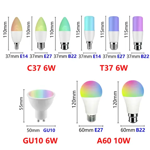 Tuya Smart Gu10 C37 A60 T37 E14 E27 B22 RGB-lampa Dimbar Wifi LED-lampa AC 110V 85V-265V Fungerar med Alexa Google Home 10 best sales Tuya Smart-lampa - №10