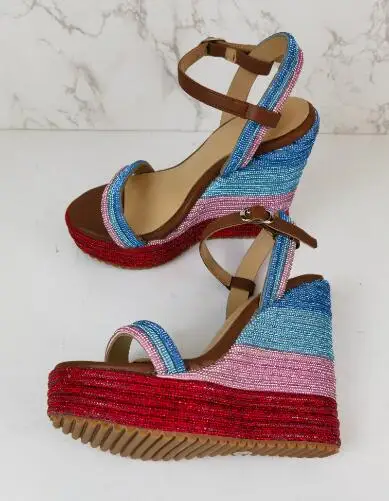 Summer Women Crystal Sequin Striped Wedge Sandals One Line Ankle Buckle Platform Red Pink Blue 125 mm Heels Bling Dress Shoes