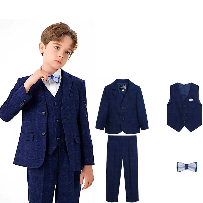 

Prince Boys Plaid Blue Slim Jacket Vest Pant Bowtie Piano Party Dress Kids Ceremony Photograph Suit Children Performance Costume