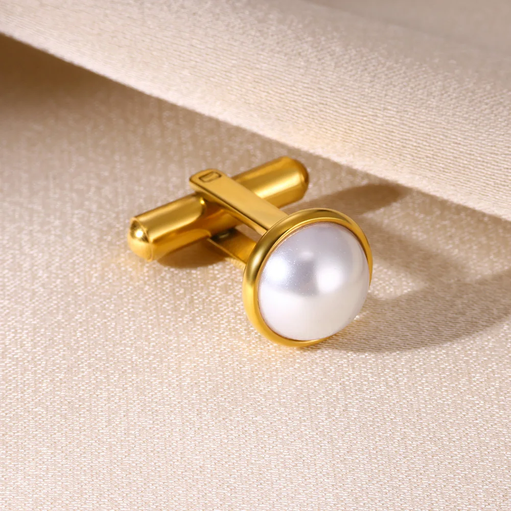 One Piece Imitation Pearl Cufflink Men Gold Color Stainless Steel Wedding Jewelry Shirt Blazer Cuff Button Clip Gentleman Gifts