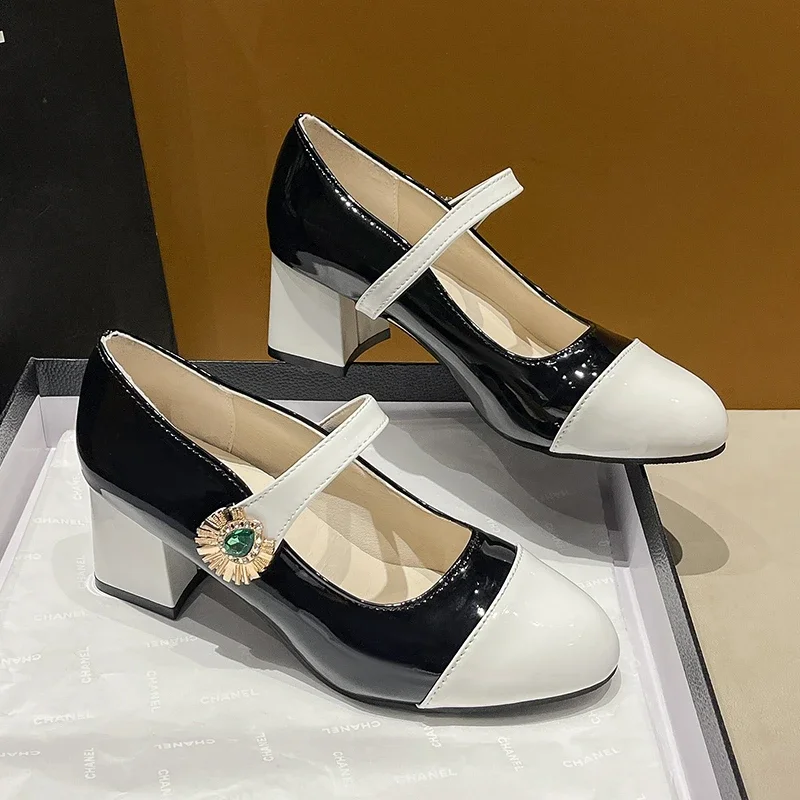 

New Round Toe Shallow Slip Rhinestone Strap Non-Slip Low Top Shoes Autumn Contrasting Block Heel Single Shoes