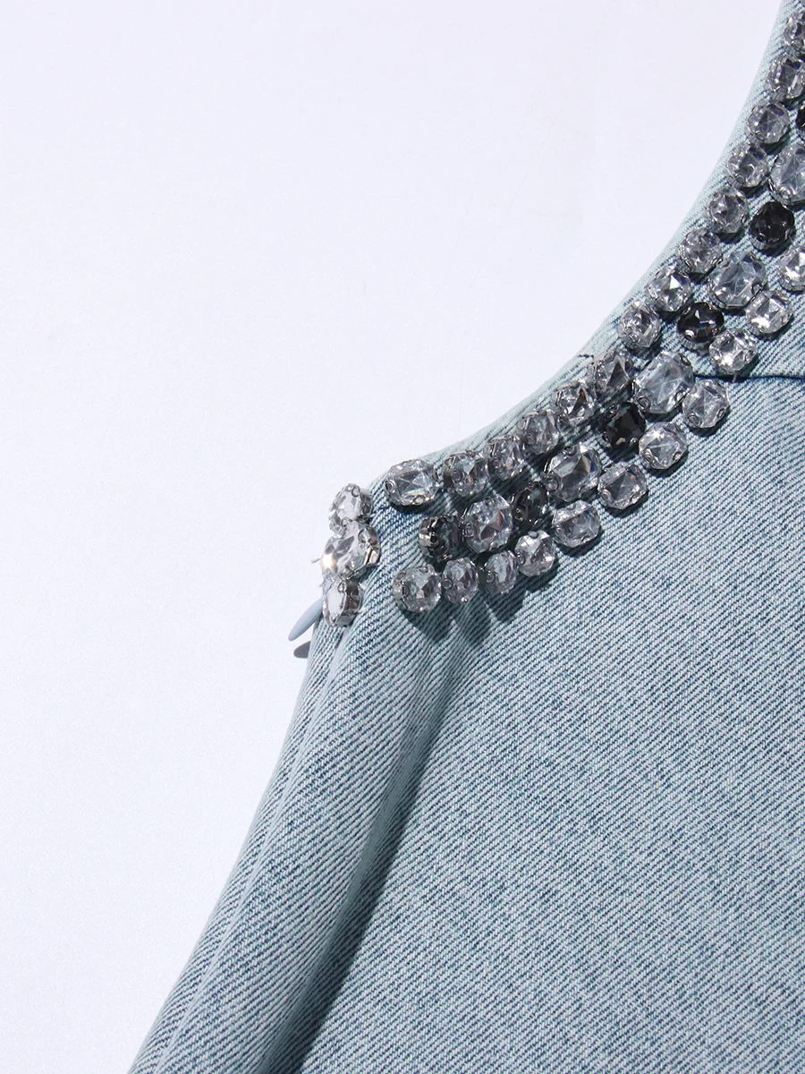 فساتين الدنيم الصلبة الفاخرة تقسم للنساء الخامس الرقبة مع الماس بلا أكمام عالية الخصر مزاجه فستان قصير الإناث #6