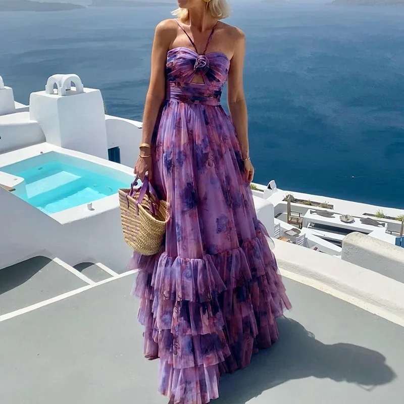 Vestido largo de cintura sin mangas con cuello colgante y temperamento elegante, vestido Sexy con hombros descubiertos para vacaciones, vestido Halter de dopamina, vestido de pastel Bohe Lrs