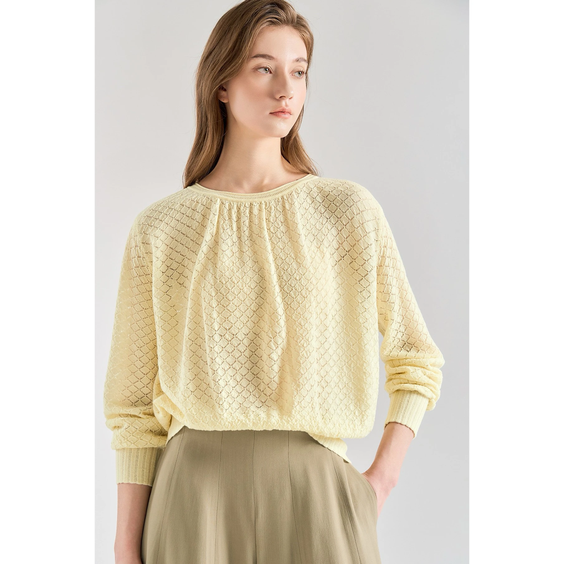 Lemon Cheese LAN26 Spring Elegant Hollow out Soft Semi-Transparent round Neck Loose Cover up Knitted Sweater Commute Style