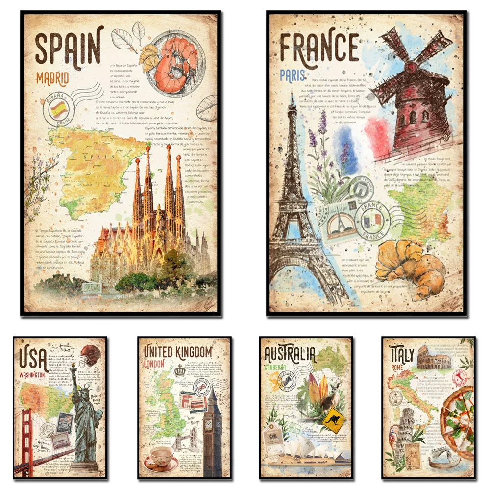 World Travel Various Country Posters And Prints France Landscape Map Canvas Art Spain Culture Food Brief Decor Wall Painting