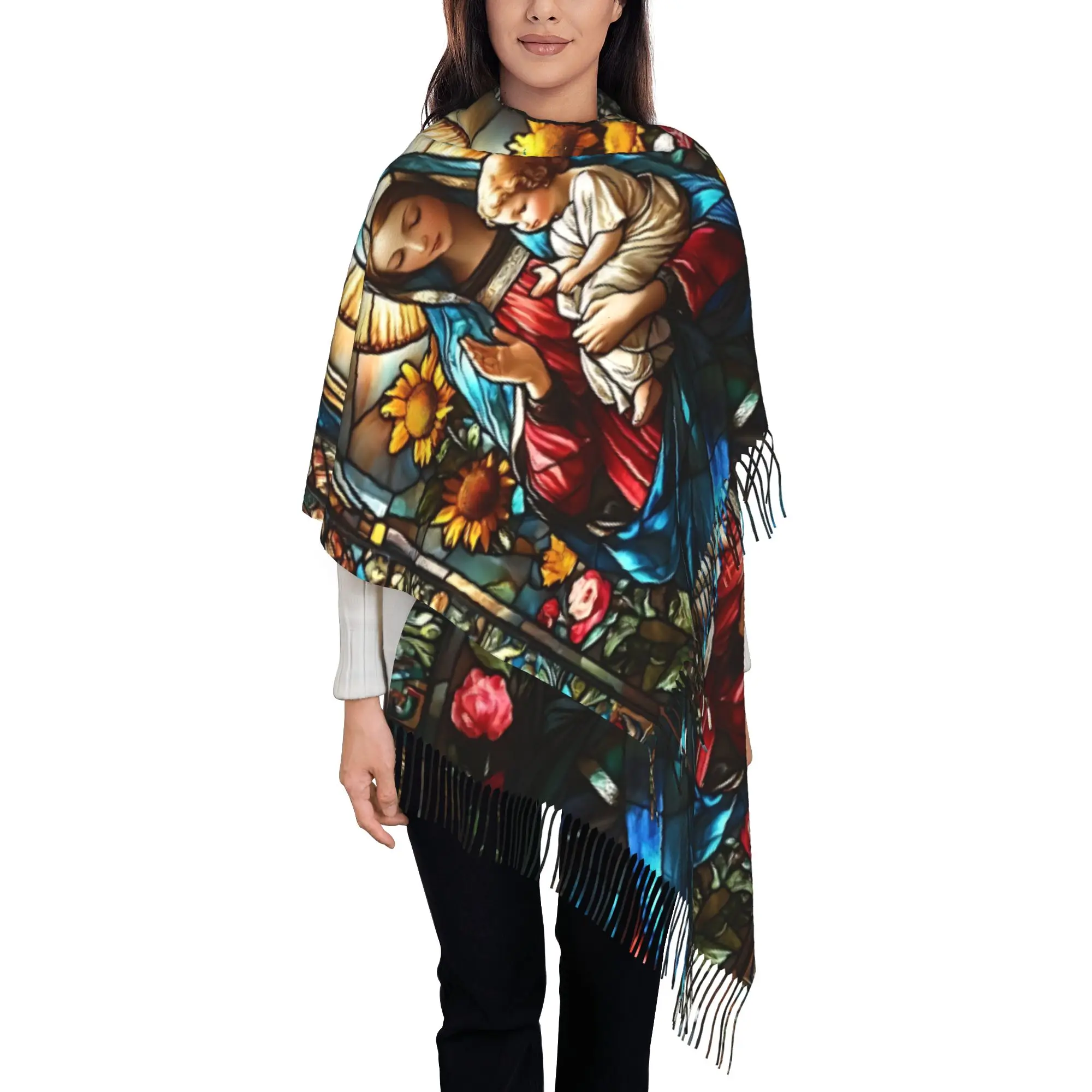 1 PC Stained Glass Mary Print Poncho  In Autumn Exquisite Windproof Birthday Gift Tassel Scarf