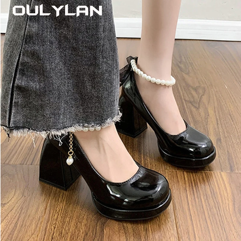 NEW Lace Shoes Women High Heels Elegant Bow Square Toe Black Fashion Pumps Thick Heel Wedding Wedding Party Pearl Ladies