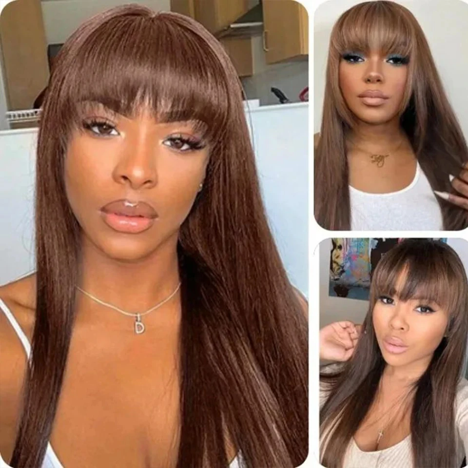 Chocolate Brown Bangs Wigs Human Hair Wig With Bangs Easy to Go Color Wig #4 Chocolate Brown Straight Human Hair Wigs with Bangs